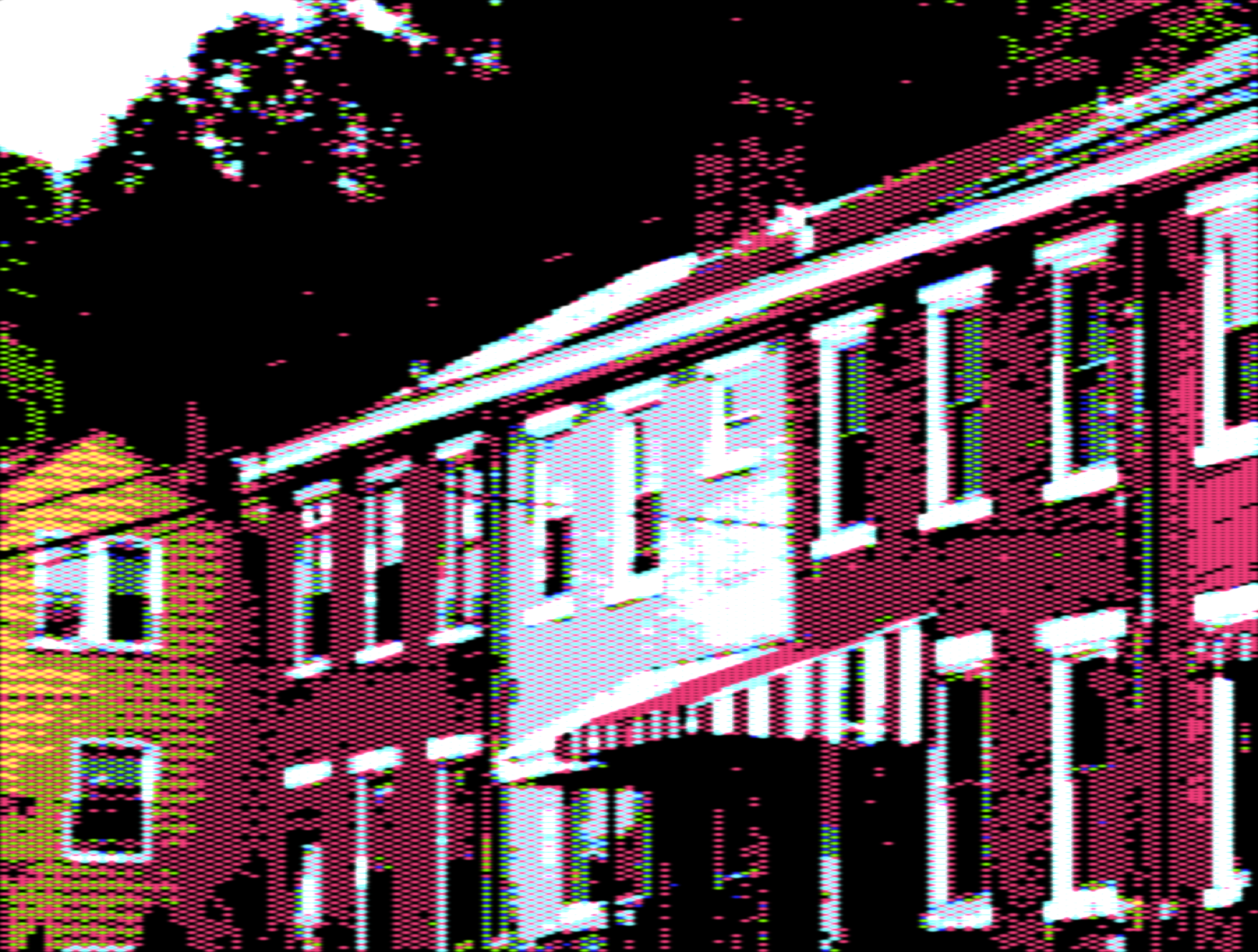 An image of old Pittsburgh-area style brick buildings with multiple windows, featuring colorful siding in shades of yellow, white, red, and green, and a horizontal green striped awning with visible lettering on the roofline.